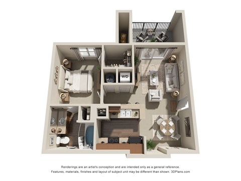 Floor plan for 1 bed, 1 bath, 637 sqft